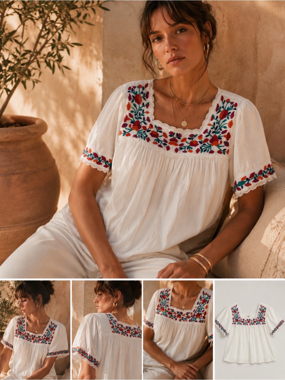 Embroidered Square-Neck White Peasant Top XL NWT